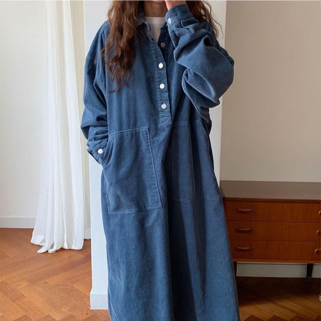 LYRIA Long Dress Women Dresses Turn Down Collar Corduroy A Line Vestidos Maxi Mom Jeans Streetwear Casual Loose Y2k Dress