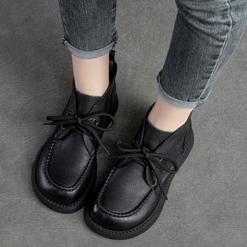 Johnature Retro Women Short Boots Genuine Leather Lace-Up Shoes Handmade Round Toe Soft Sole Flat Boots