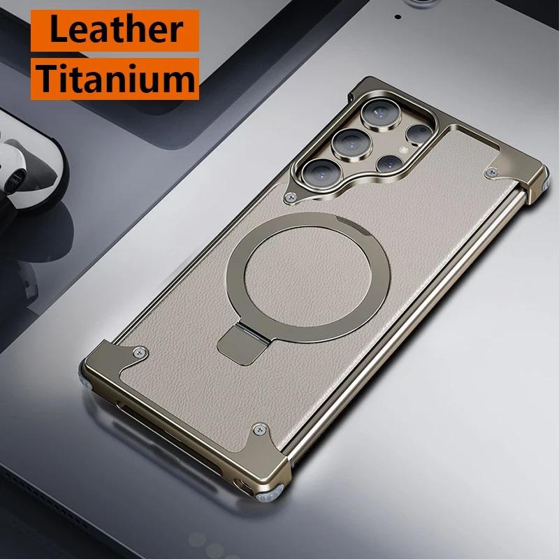 Luxury 120 Degree Rotating Stand PU Leather Phone Case for Samsung S24 S23 Ultra Wireless Magnetic Charging Shockproof Cover