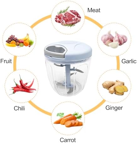 Fousenuk 900ml Manual Vegetable Chopper Onion Dicer with Pull Cord, 5 Stainless Steel Blades Multi Chopper Kitchen Food Chopper for Garlic Onions