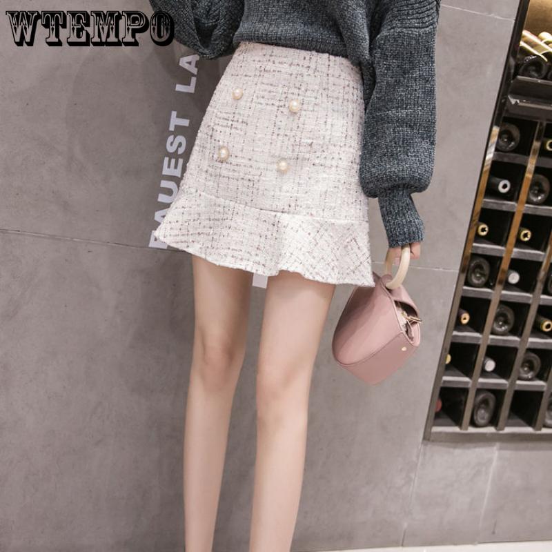 Temperament Celebrity Small Incense Wind Ruffle Double-breasted Tweed Half-body Skirt Female Elegant High Waist A Line Short Skirt