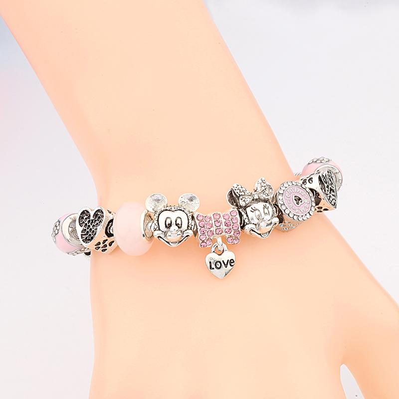 Potdemiel Pink Enamel Crystal Minnie Charm Bracelets Silver Color Heart Cartoon Bead Jewelry for Women Girl Gift