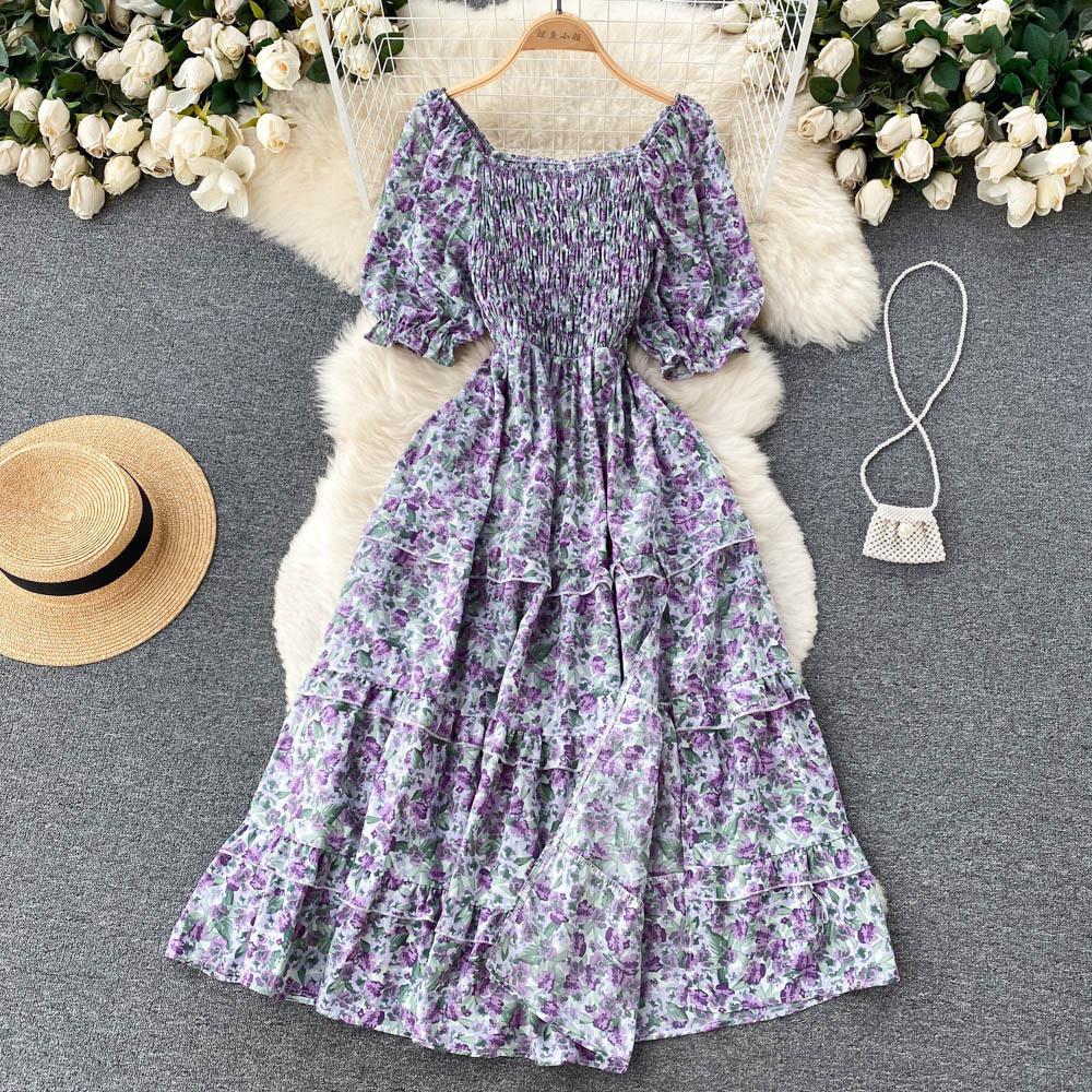 Women's Chic Sweet Slim Square Neck Bubble Sleeve Floral Dress Super Fairy Temperament A-line Dress