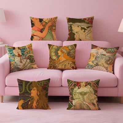Artistic AAlphonse Maria Mucha Cushion Cover Pillow Case Soft Skin Friendly Fabric Comfort  Concealed Zipper