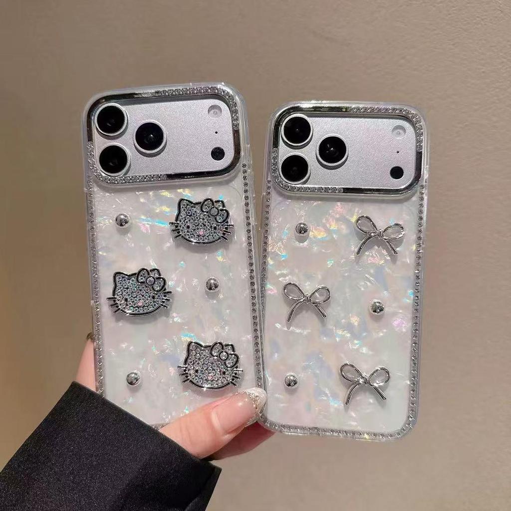 Colorful KT Cat Drill Shell Phone Case for Huawei P80 Pro/Mate 70, Cute with Bow and Iron Ball Design