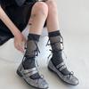 Japanischer Stil Schimmerndes Netz Spleißende Gerippte Über die Wade Socken für Damen Mädchen Niedliche Schleife Schleifenknoten Lange Strümpfe