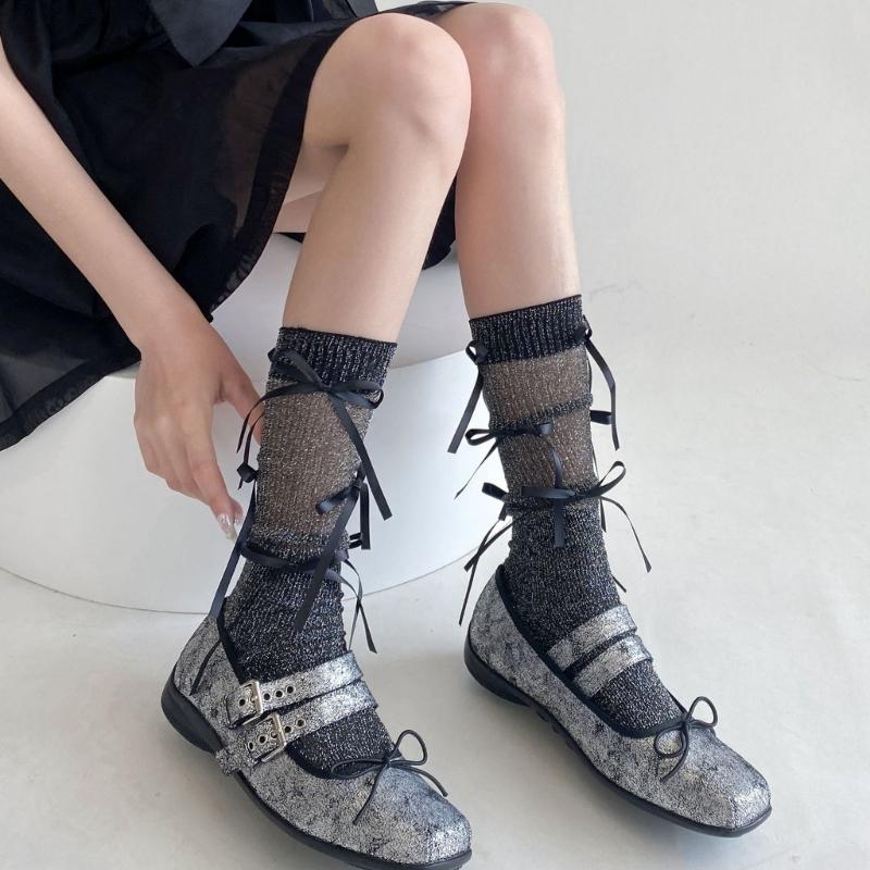 Japanischer Stil Schimmerndes Netz Spleißende Gerippte Über die Wade Socken für Damen Mädchen Niedliche Schleife Schleifenknoten Lange Strümpfe