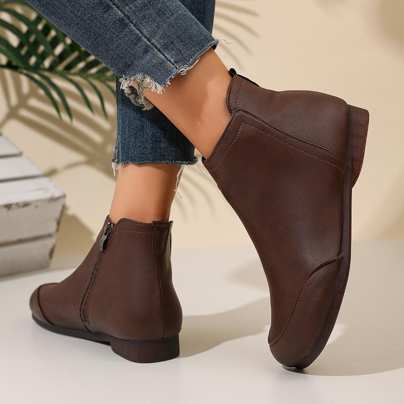 Women's Fashion Boots Round Toe Flat Sole Side Zipper Short Boots Classic Retro Comfortable Soft Sole Plus-size Women Shoes