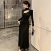 Elegant Black Plus Size Long Sleeve Hollow Dress with French Collar