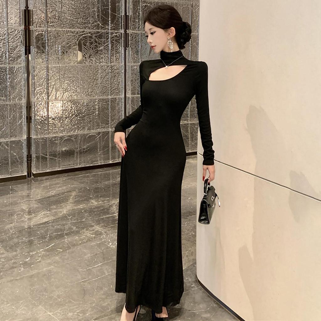 Elegant Black Plus Size Long Sleeve Hollow Dress with French Collar