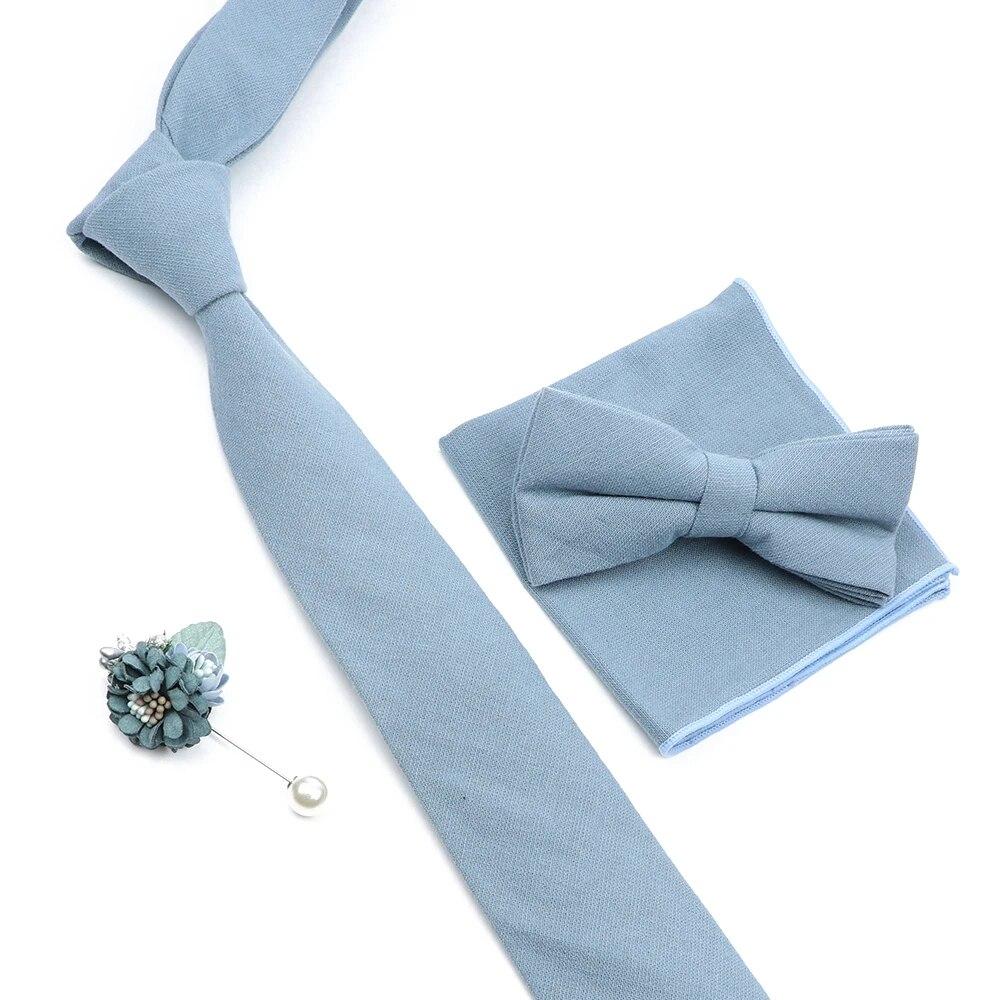 Solid Color Cotton Necktie Set For Men Tie 4pcs Hanky Cufflinks Rhinestone FLoral Brooch Tie Set