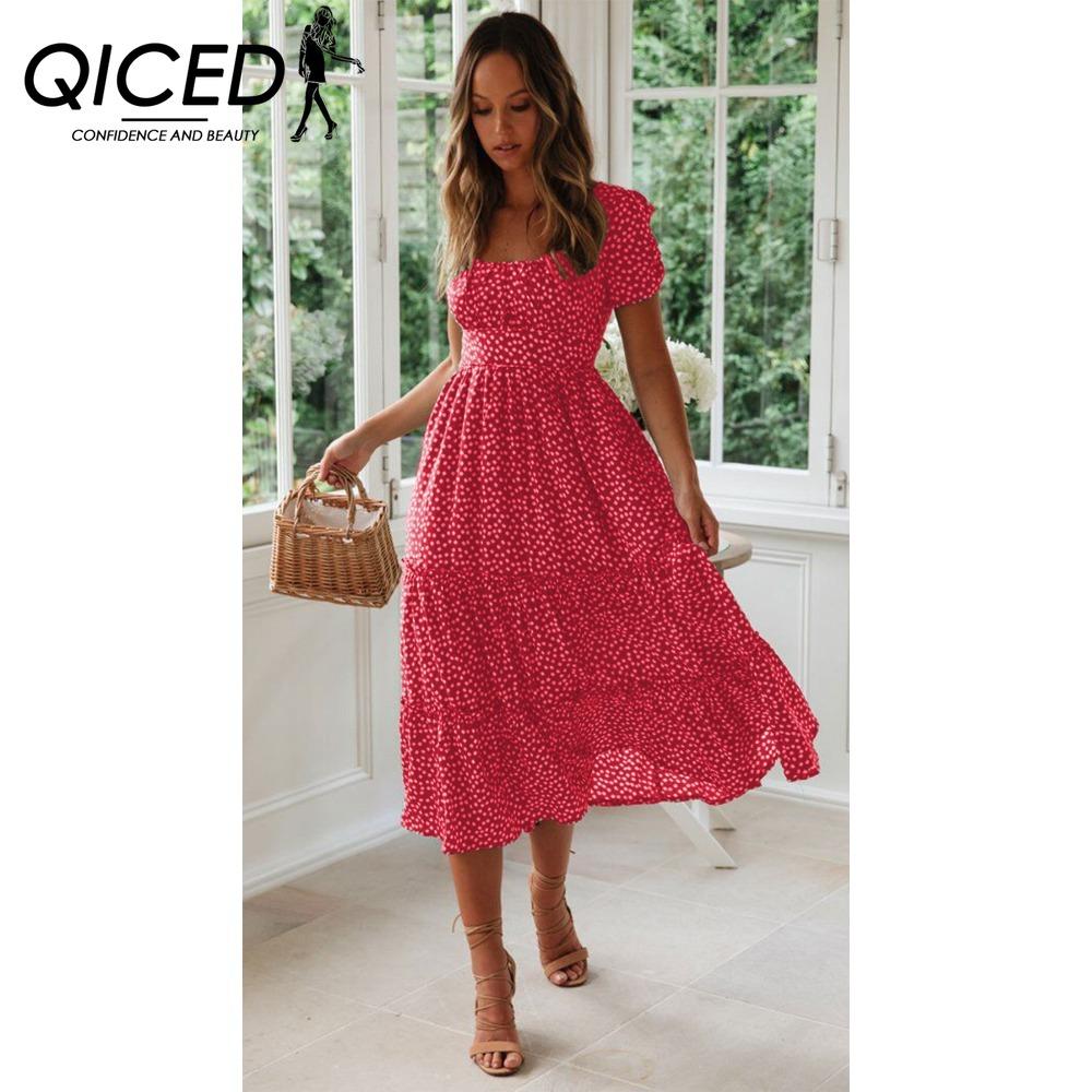 

QICED Летнее платье в горошек Женское повседневное А-силуэта с коротким рукавом, квадратным вырезом и оборками, миди-платье, шифон, красный, черный, синий, зеленый L красный