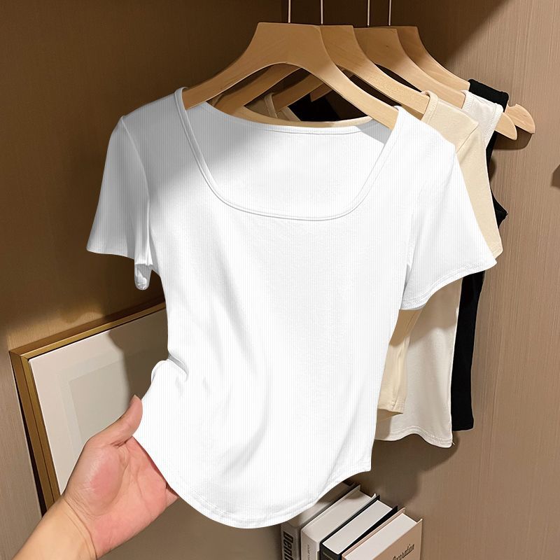 Top da donna a maniche corte con scollo quadrato, vestibilità regular, T-shirt casual a coste, tinta unita