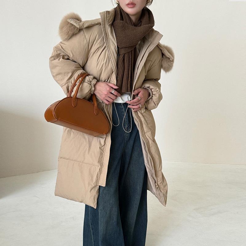 

2025 новая пуховая куртка женская длинная приталенная пух белой утки свободная лисий большой меховой воротник корейское тонкое пальто тренд S