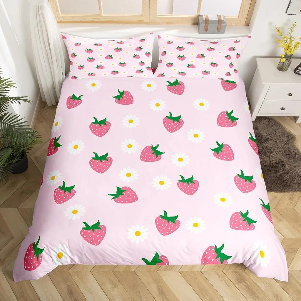 Strawberry Duvet Cover Set Queen King Size Girls Pink Quilt Cover Cartoon Fruit Bedding Set Girls Teenagers Suitable 3 Pcs