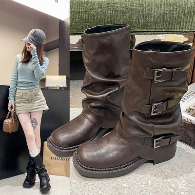Mittelhohe Stiefel für Damen, Frühjahr und Herbst 2025, vielseitige Retro-Ritter-Stiefel, flache Ärmelstiefel aus Wildleder im Martin-Stil