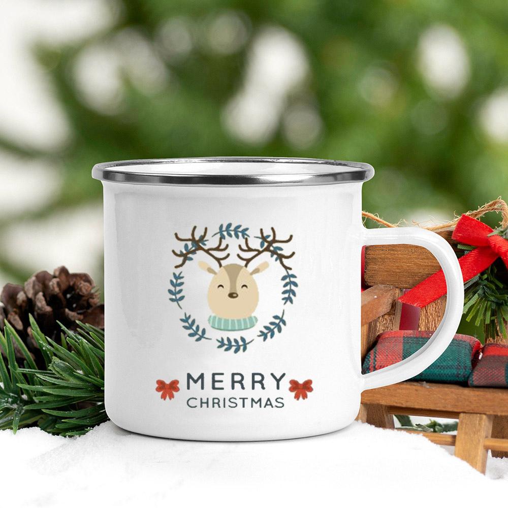 Penguin Deer Santa Printed Coffee Mug Enamel Mugs Children Milk Juice Cup Stocking Stuffing Home Party Decoration New Year Gift