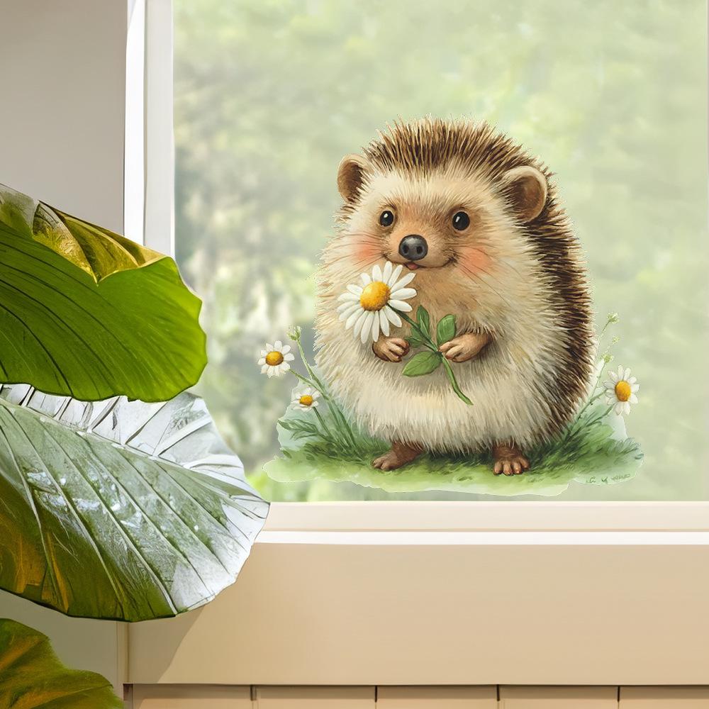 Cartoon Hedgehog Picking Daisies Living Room and Dining Room Background Wall Decoration Stickers