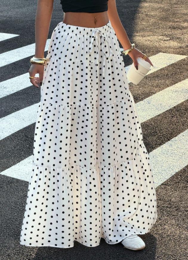 Qooth Polka Dot A-Line Maxi Skirt Ruffle Hem Tie-Waist Full Flare Skirt Vintage Summer Half Skirt for Women JM2609
