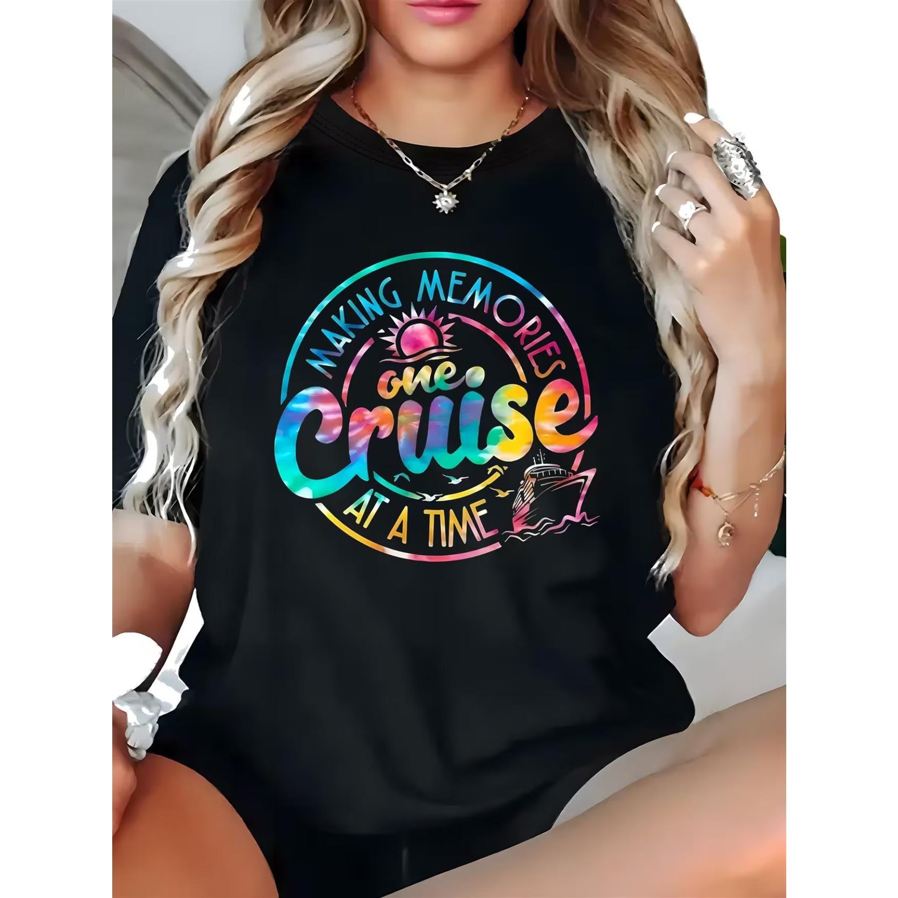 

Women s Cruise-Themed T-Shirt - Stretchy Short Sleeve Crew Neck Tee with Cruise Ship & Port Print, All-Season XXL