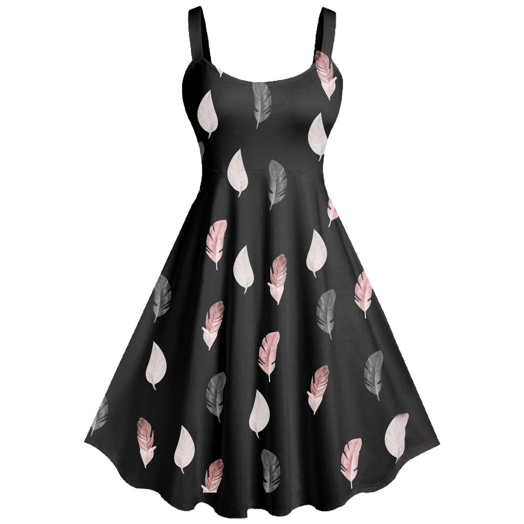 Women's Casual And Fashionable Print Sexy Suspender Retro Dress Big Swing Dress Dress