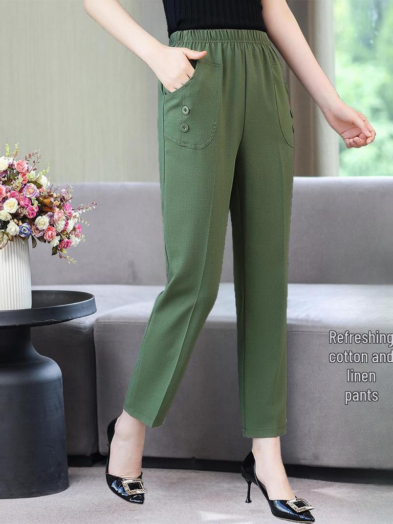 Women's High-Waist Cotton-Linen Summer Pants: Stylish, Elastic, Straight Fit for Middle-Aged and Elderly