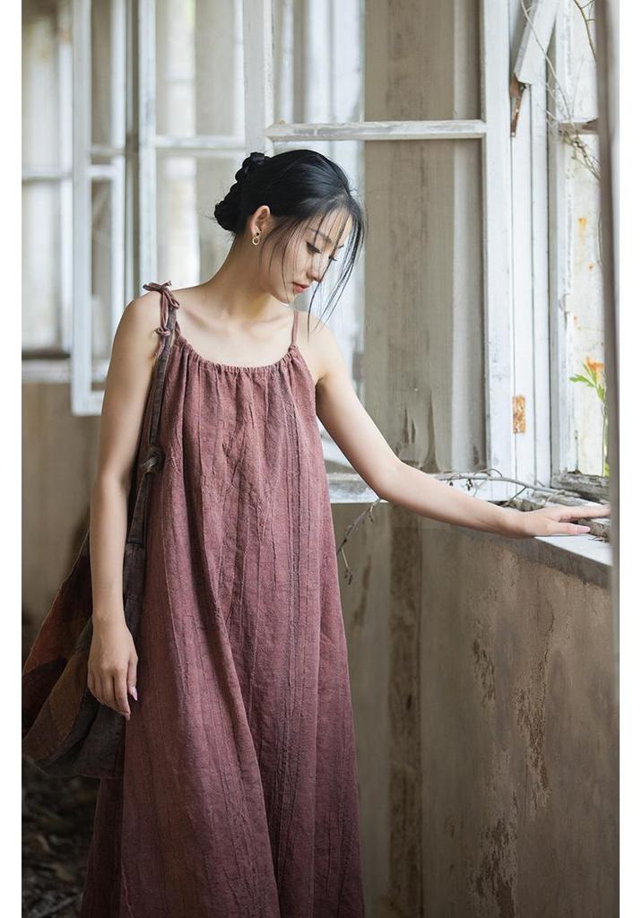 Linen Tie-Dye Adjustable Strappy Dress - Retro French Elegant Casual Wear for Spring and Summer