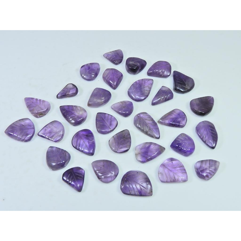 161Cts. Natural Amethyst Leaf Carving Pear Shape Cabochon Gemstone 30Pcs Lot C-1909