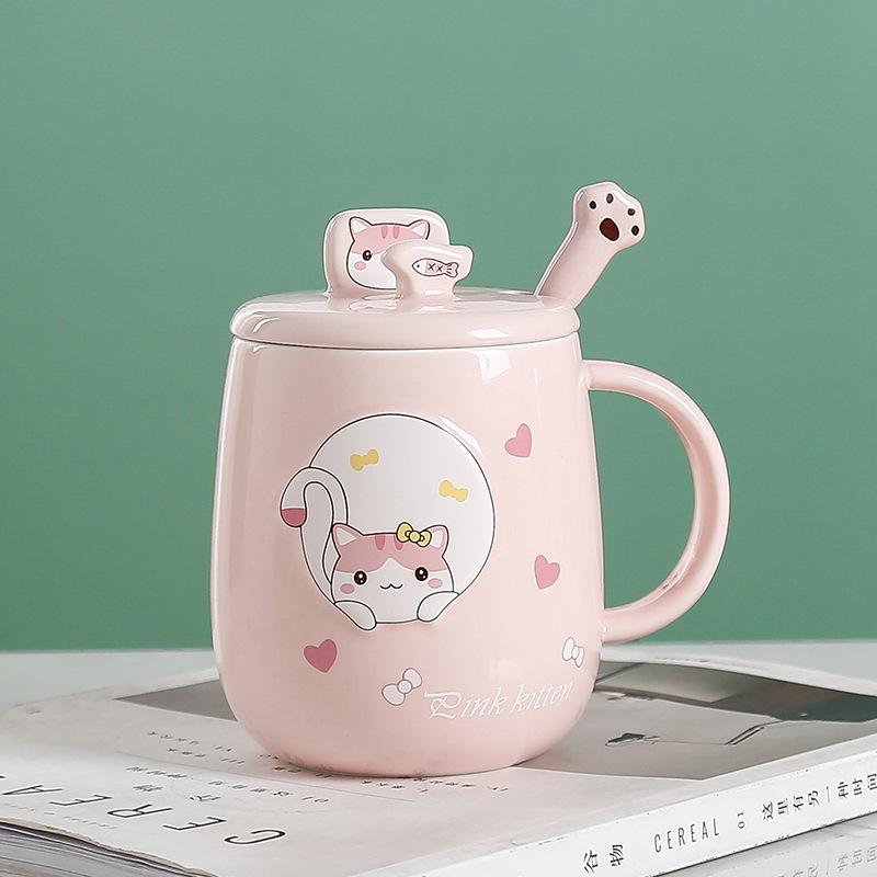 Cartoon Cat Ceramic Mug with Lid and Spoon - Trendy Office Coffee Cup