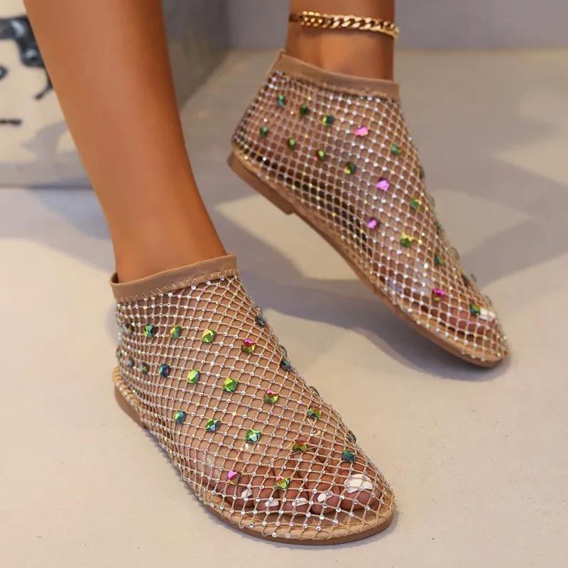 Fashion  Hot Selling Summer Women's New Slippers Hollow Short Boots Rhinestone Sexy Flat Bottom Fashion Banquet Slippers