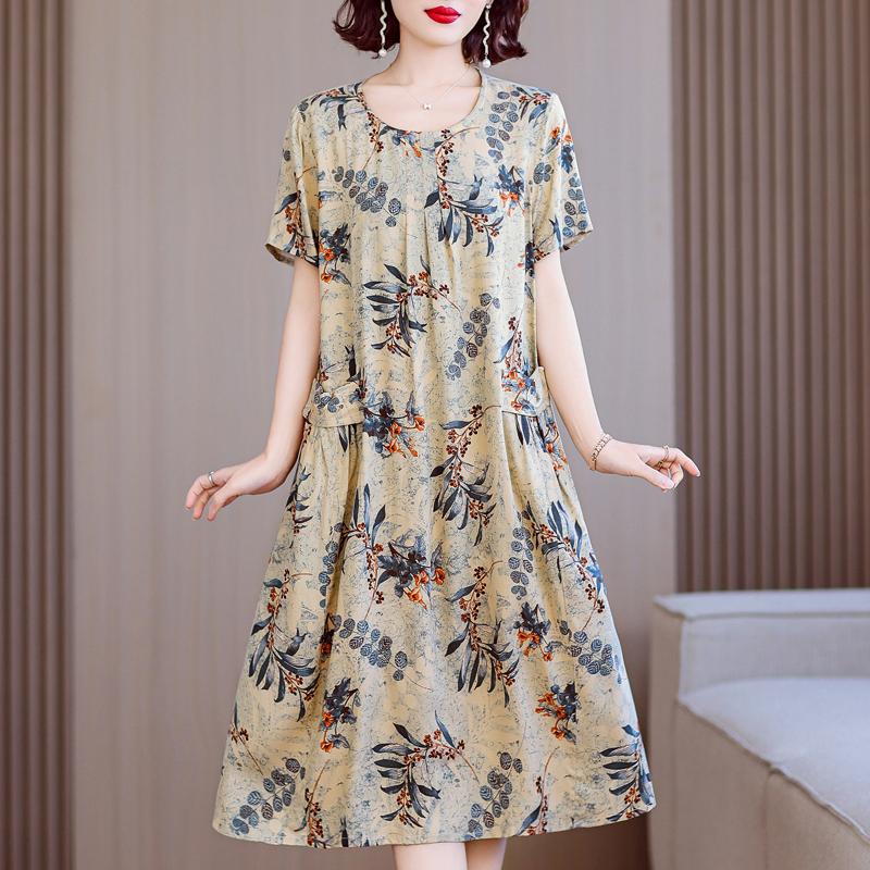 Plus Size Summer Woman Dress Vintage Short Sleeve Print Female Loose Casual Floral Dresses