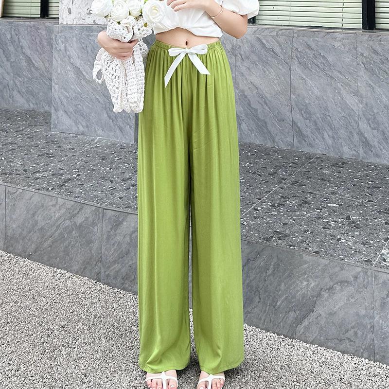 Pantaloni de pijama din bumbac mătase pentru femei, secțiune subțire de vară, anti-țânțari, pantaloni cu picior lat, culoare uni, pentru exterior, casă, petrecere a timpului liber, imprimeu, pantaloni de plajă până la genunchi