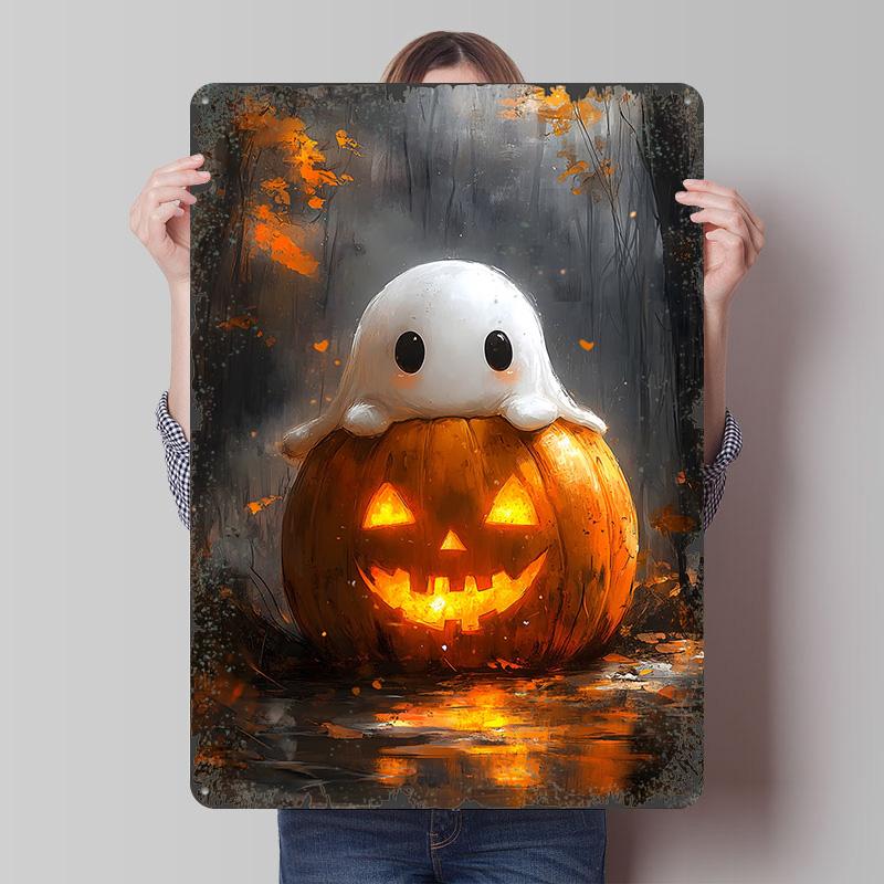 

Ghost on Pumpkin Tinplate Poster Customized Wall Art Vintage Retro Metal Signs for Bathroom Decor Decoration Living Room Home At 20x30cm（7.8x11.8inch）