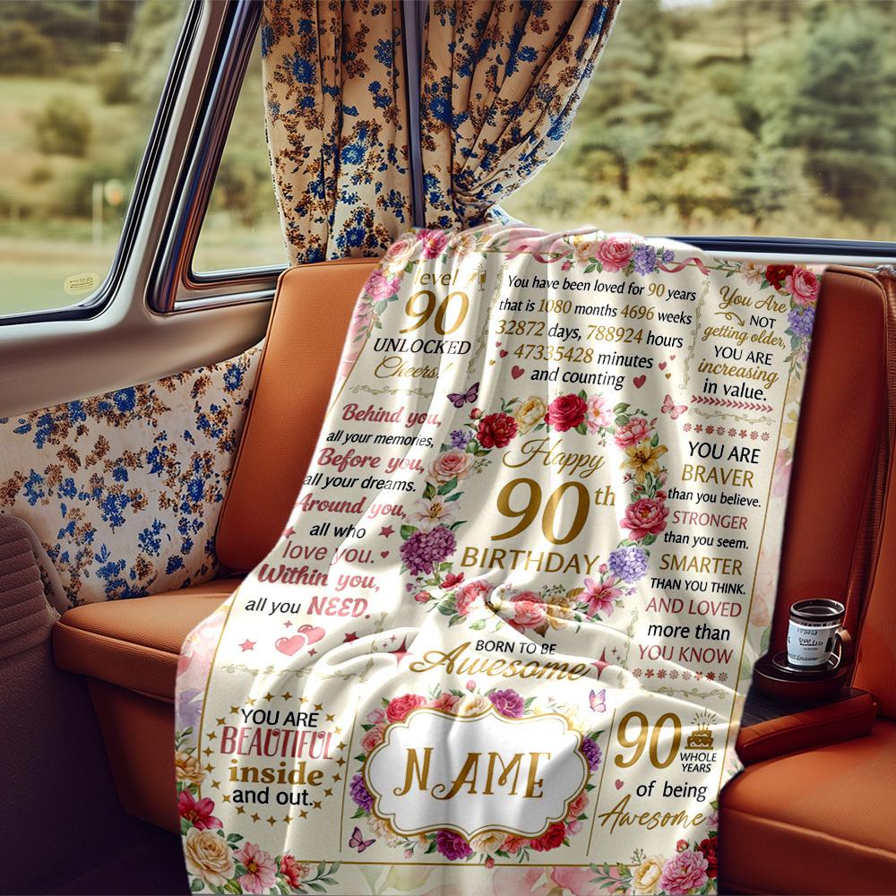 Elegant 90Th Birthday Celebration Poster Design Blanket Personalized Name Soft Comfortable Stylish Blanket Car Blanket Perfect For Travel Camping