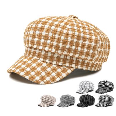 Autumn Winter Women's Octagonal Cap Vintage Plaid Beret Outdoor Warm Woolen Cap Painter's Cap