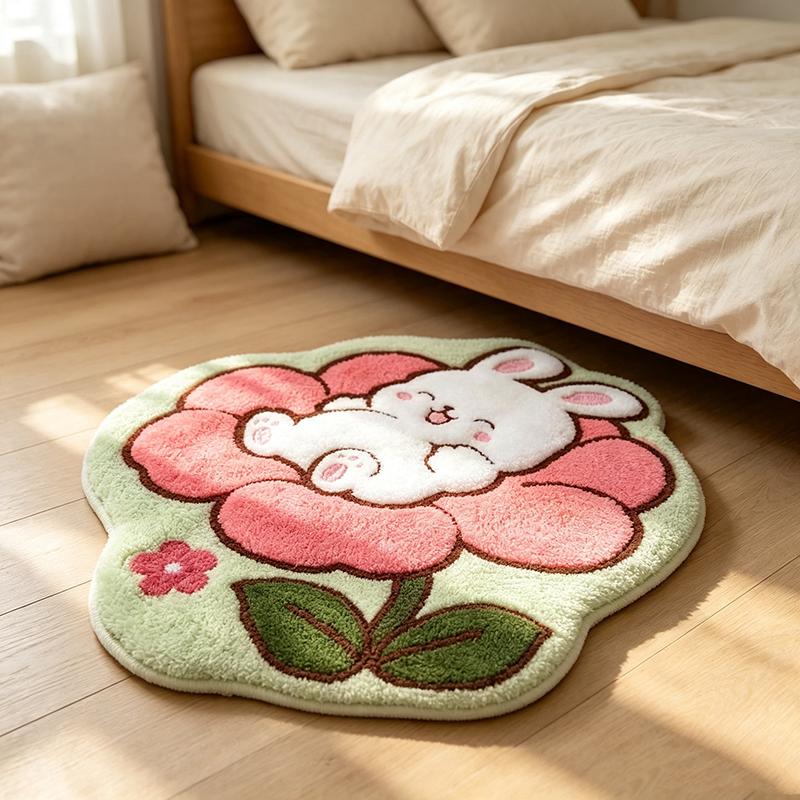 Cute Rabbit On Flower Shaped Plush Bath Mat Non Slip Absorbent Cartoon Animal Bedroom Bathroom Floor Decor Rug