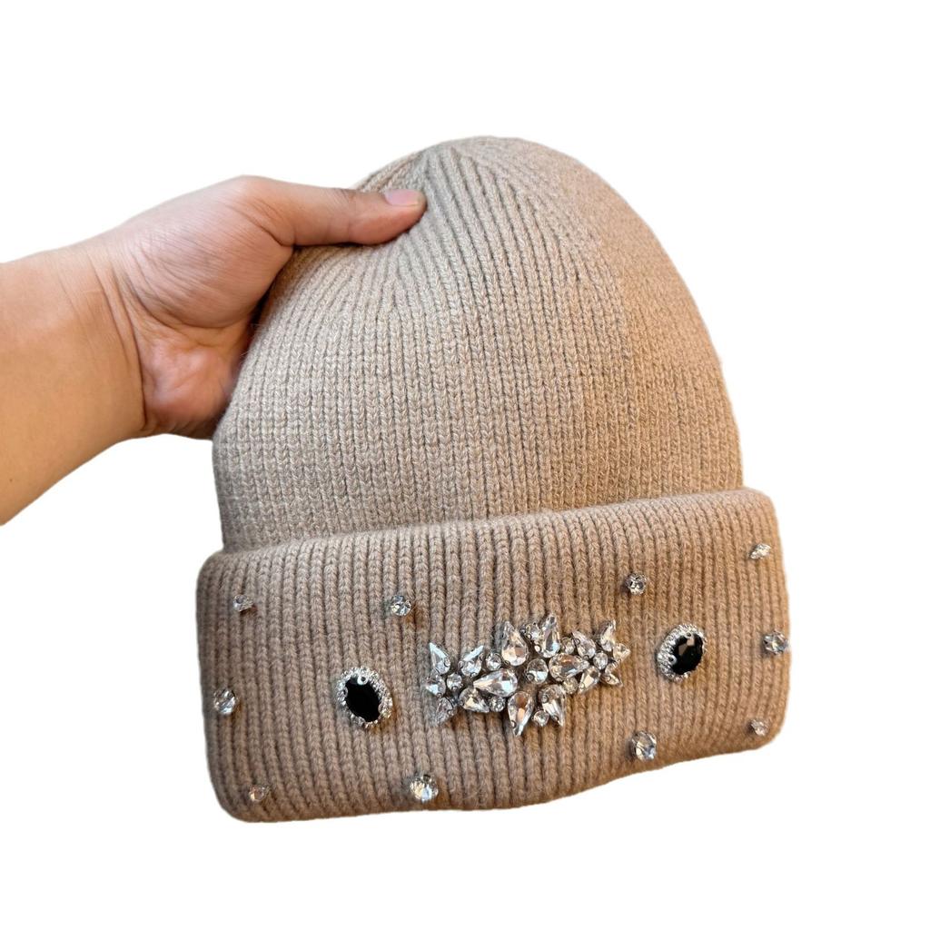 Light Luxury Rhinestone Rabbit Fur Beanie Women's Autumn and Winter White Knitted Hat Big Head Circumference Showing Face Small Baotou Cold Hat Trend