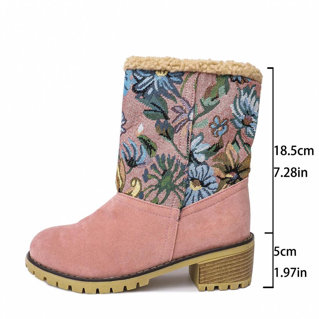 Bottes de Neige en Daim Floral Grande Taille pour Femmes Décontractées Mi-Mollet Imperméables à Plateforme Talon Épais Fourrure Polaire Antidérapantes Coton Chaussures Bottes 35-43