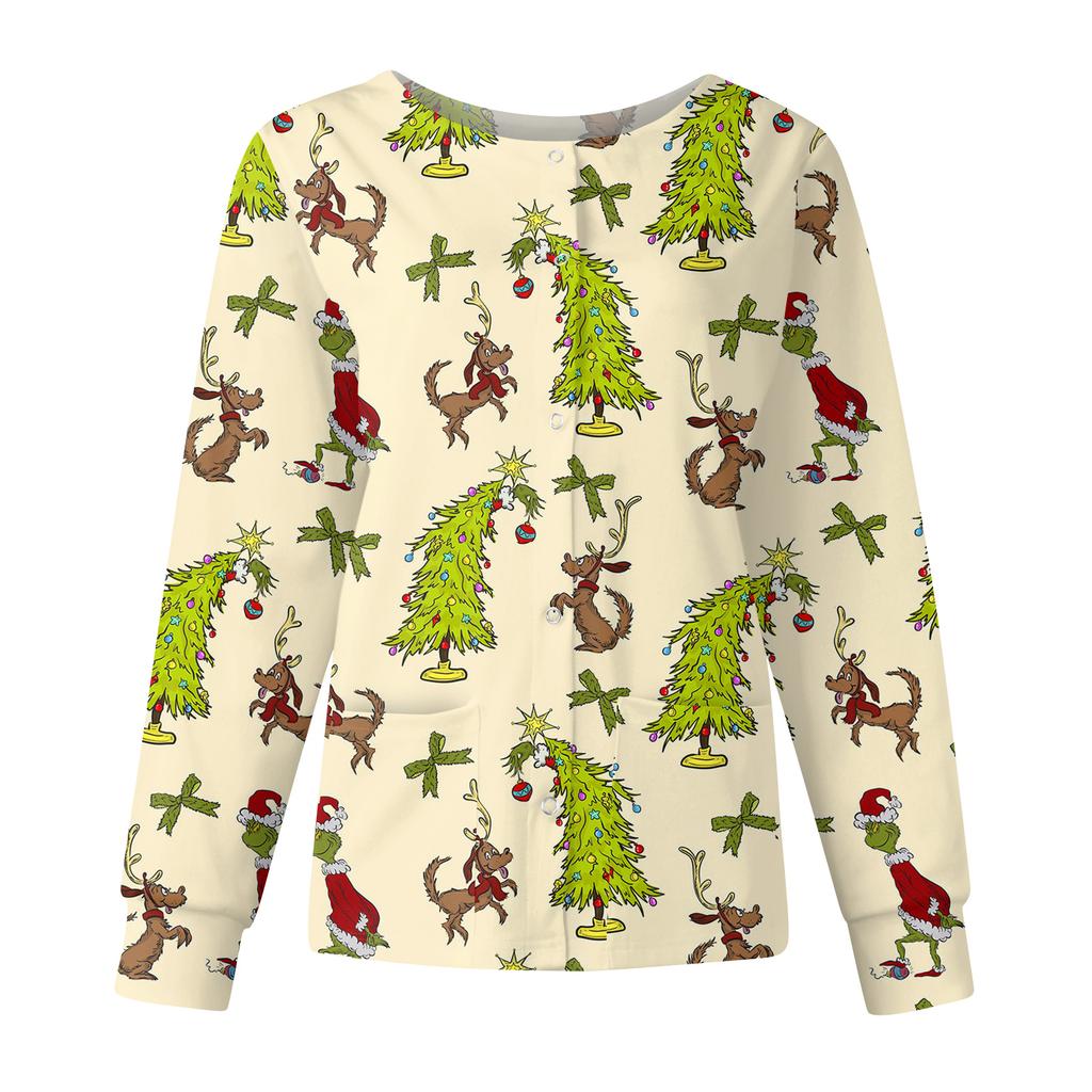 Women's Casual Fashion Long Sleeve Standing Collar Single Breasted Christmas Print Workwear Jacket Tops