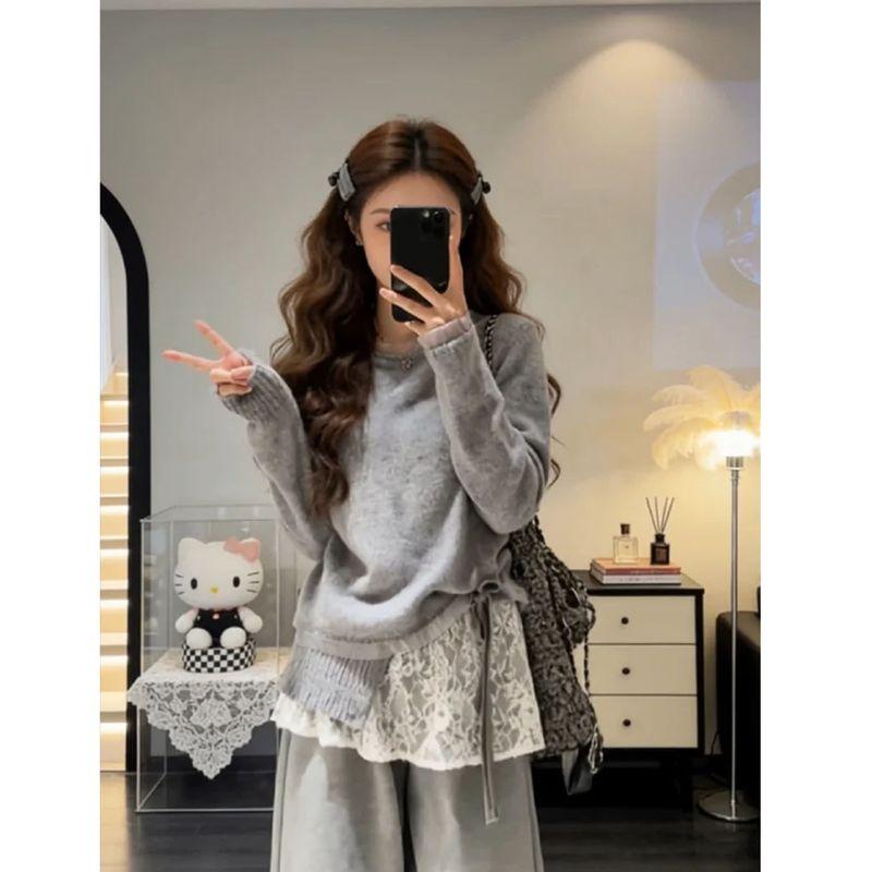 

Spring Outfit: a Complete Set of Designer Lace Tops with a Lazy Style and Slimming High-Waisted Straight-Leg Wide-Leg Pants Set Sweater#Single Piece 2XL [Recommended 62.5-70kg]