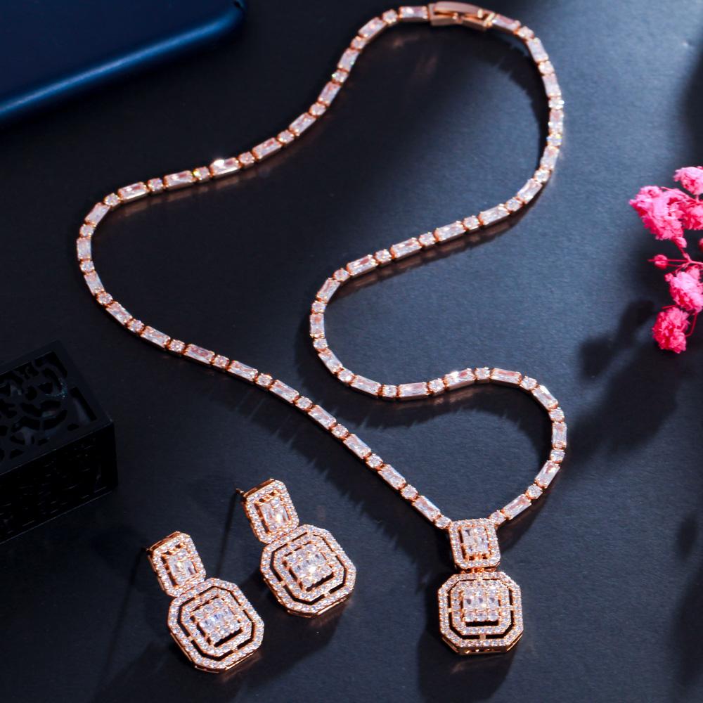 CMM Shiny Baguette Zirkonia Hochzeit Braut Party Halskette Ohrringe Mode Gold Farbe Schmuck Sets Zubehör