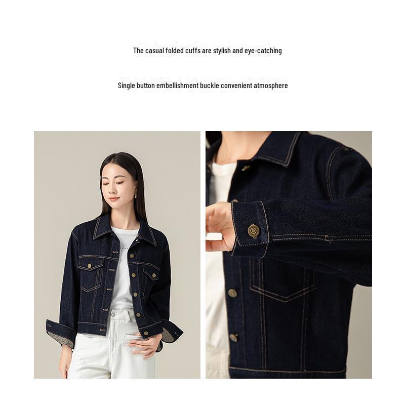 Xinge 2024 Dámská tmavě modrá krátká džínová bunda - Nový podzimní styl, všestranná a šitá na míru pro malé velikosti