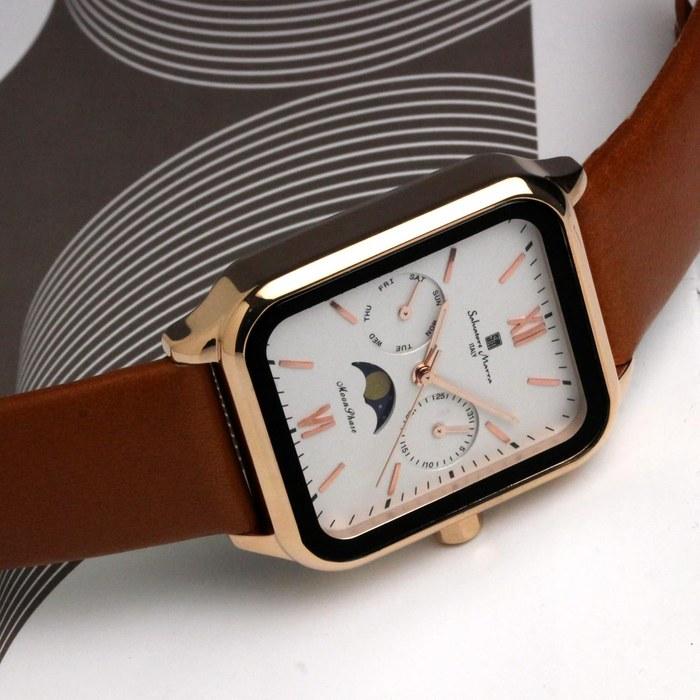 [Salvatore Marra] Watch Moon Phase Square Multi-Calendar Waterproof Business Formal Men's Leather Strap Limited Edition Pink Gold White