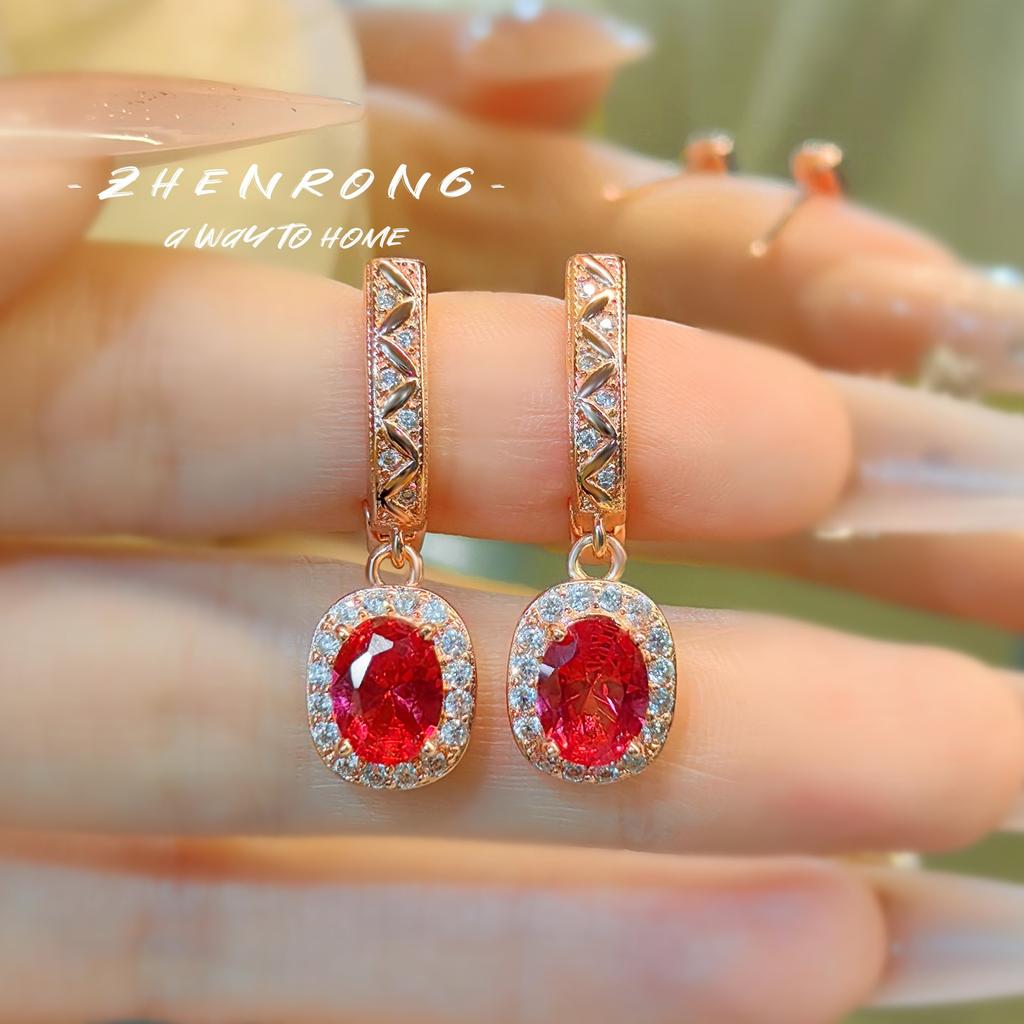 Luxury  Rose Gold Plated Oval Ruby Zirconia Fashion Jewelry Sets Sparkling Crystal Female Banquet Ring/Earring/Necklace Chain
