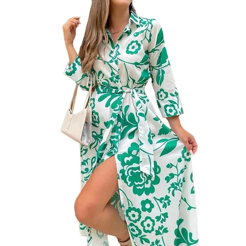 2026 Womens Floral Print A-Line Long Dress With Round Neck Single Button Detail High-Waisted Slim Fit Office