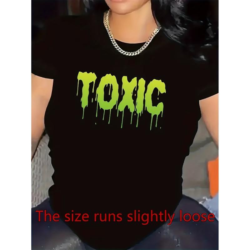 

Women s Edgy TOXIC Drip Text Graphic Tee - Soft Polyester Shirt with Bold Green Print, Non-See-Through Fabric for Lounge S чёрный