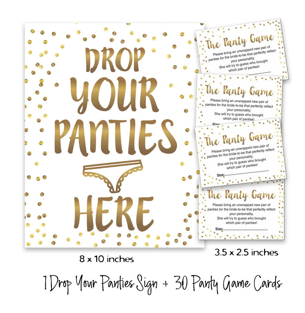 Inkdotpot Bridal Shower Game 1 SignA    30 Size CardsA  White Gold Confetti Girls Night Out Bachelorette Party Drop Your Panties