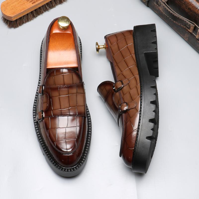 Fashion Men's Casual Leather Shoes Men Classic British Style Monk Loafers Mens Slip-on Thick Sole Heightened Shoe