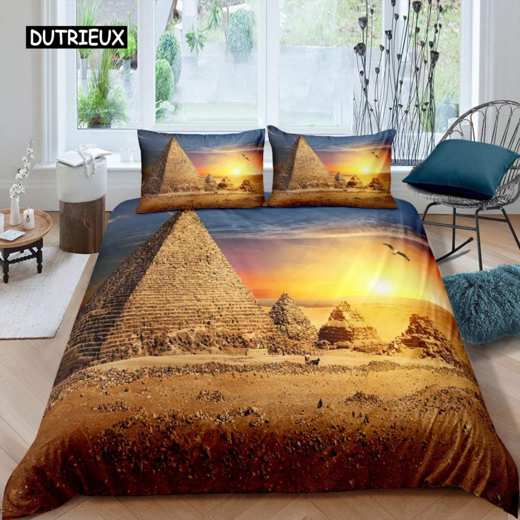 Set Copripiumino Piramide King Africano Antico Egizio Piramide Vintage Set Biancheria da Letto Poliestere Cammello Scena del Deserto Egitto Copripiumino