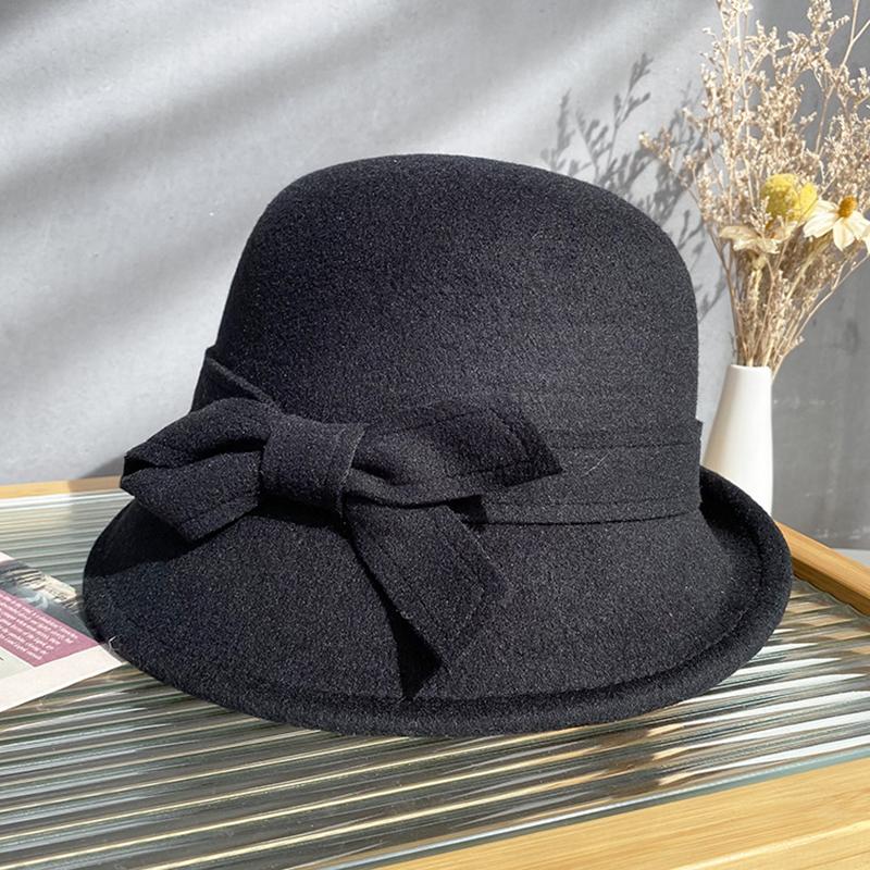 2023 Autumn And Winter New Bucket Basin Of Bowknot Wool Hat Female Warm Fashion Female Warm French Retro Fedoras Hat